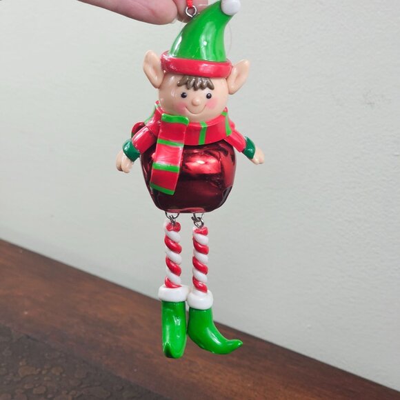 Christmas Elf Ornament Metal Bell Red Green Striped Scarf Holiday Dangling Legs - Picture 8 of 8